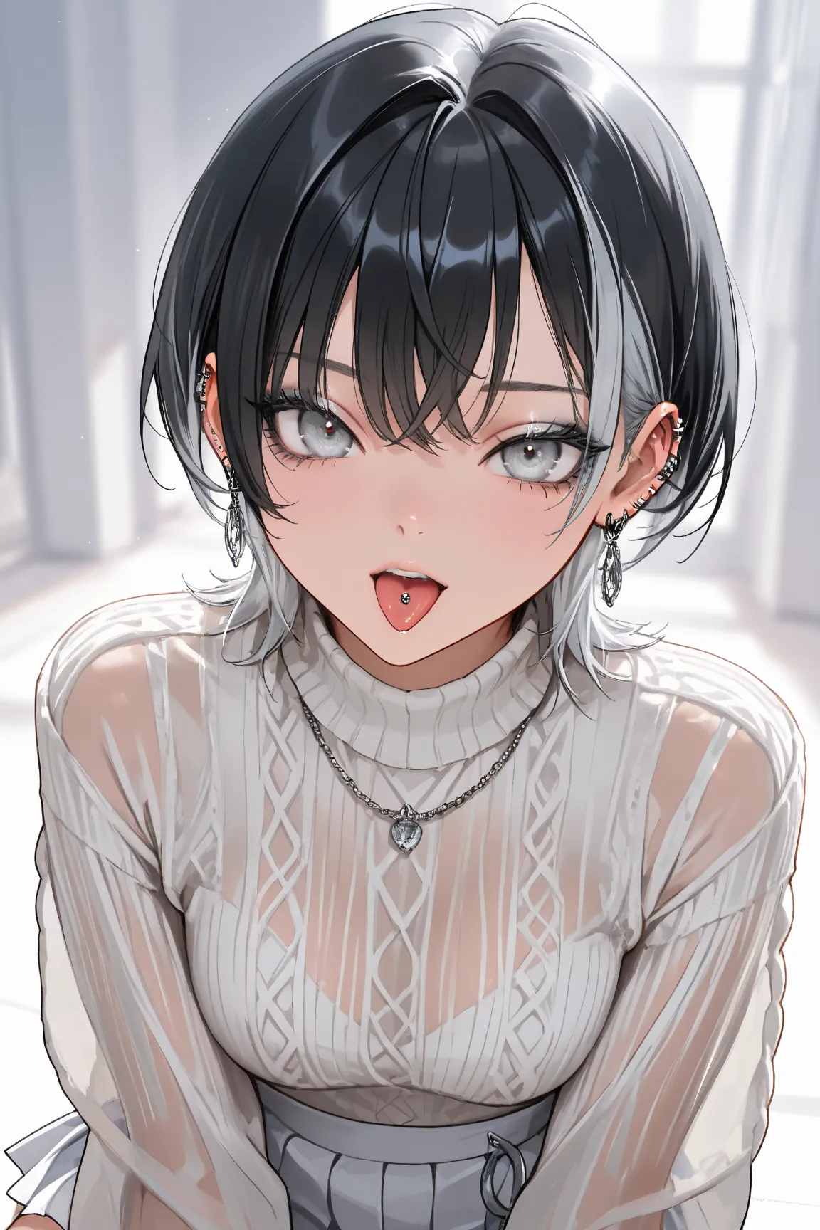   masterpiece, top quality, best image quality,  earrings all over the ear,  lots of piercings, ((one girl)), ((Black hair on the left)), ((Silver hair on the right)), wolf cut hair, short hair, bangs, ((Silver Eyes)),  beautiful eyes, beautiful eyes, ligh...