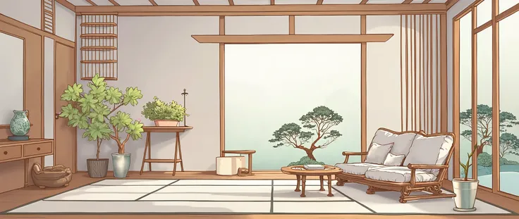 illustration in soft colors predominating , minimalism of a Japanese style living room with window to see the minimalist Japanese garden with bonsai trees, the stage evokes energy and elegance