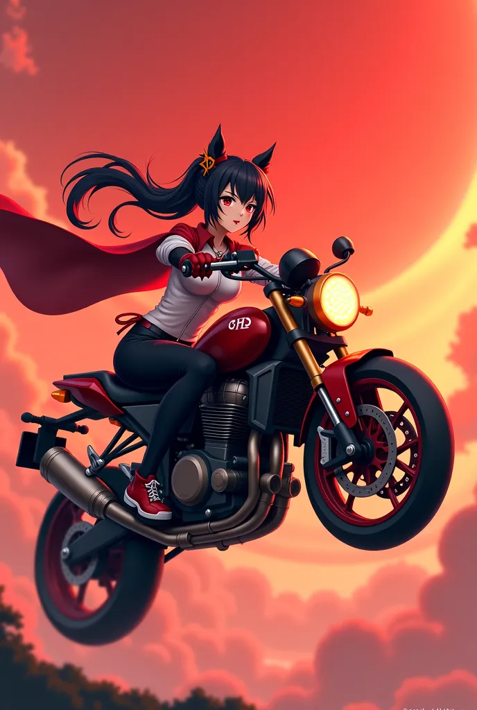 Anime girl riding a motorcycle in the sky with a red background, concept art by Yang J,  winner of the pixiv contest, fantastic art, Ayaka Genshin impact, Ayaka Game Genshin Impact, Onmyoji Detailed Art, appears as the fire goddess, personagem de Genshin I...