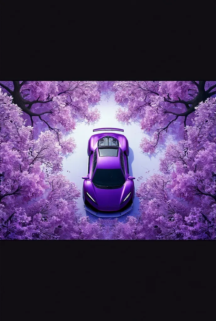 Make a wallpaper of this car in that picture with purple tree and it’s purple leaf falling 