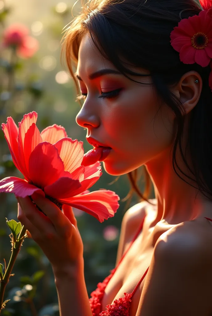 a sexy woman licking a flower, very lustful, very realistic, lustful background