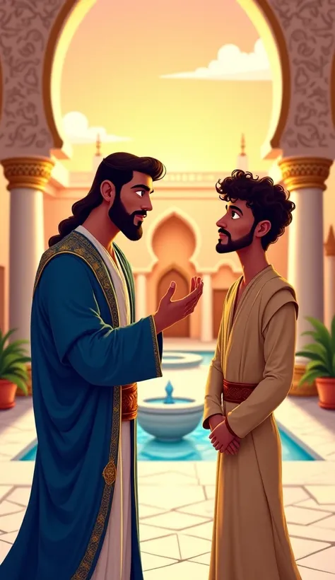 . The Master Questioning the Slave
Prompt:"A cartoon-style Arabian courtyard. The wealthy master, dressed in a royal blue and gold embroidered robe, stands with an intense expression, his hands gesturing as he questions the silent slave. The slave, with cu...