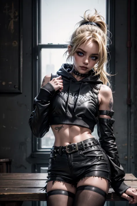 lora_Emma, jinx,1 girl, blond hair, ponytail, very skinny, punk, small breast, leaning against wooden table, streetwear style, (leather micro hotpants), two studded belts, ((black satin hoodie)), (torn pantyhose), plastic headband, (cotton lower arm sleeve...