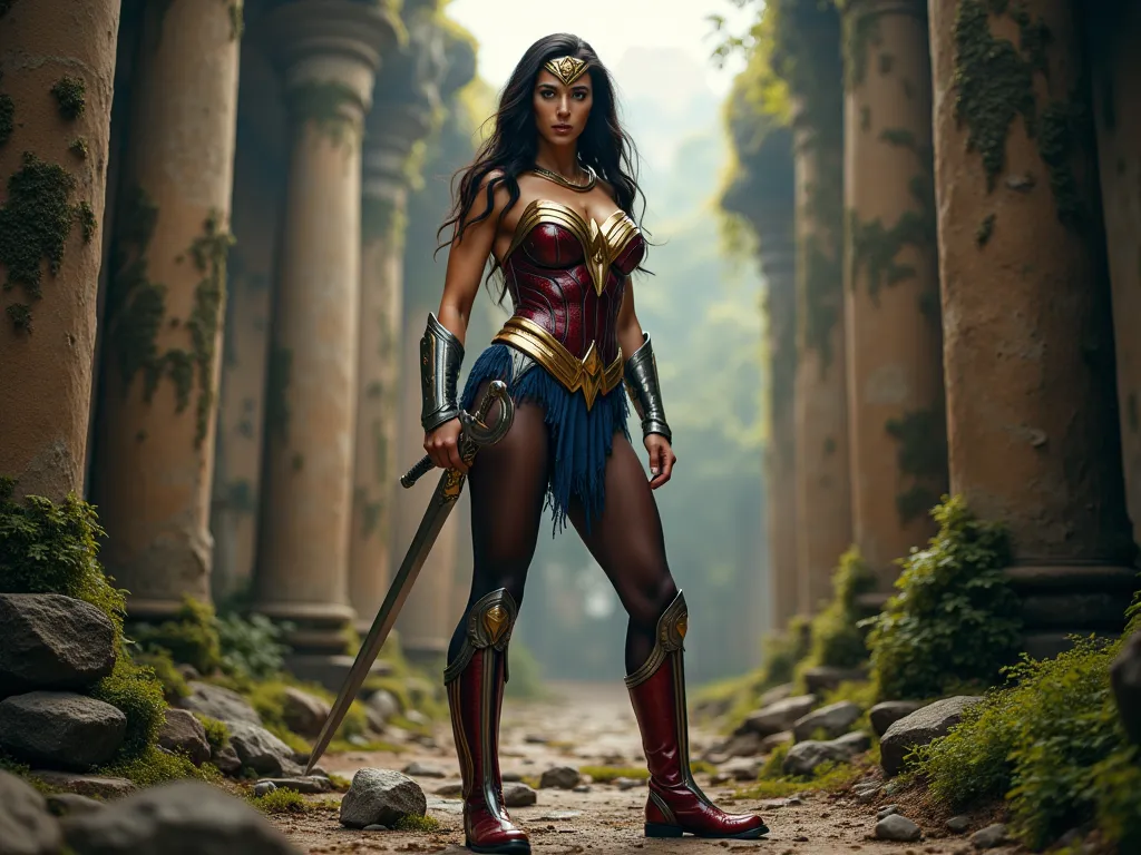 Beautiful woman like Gal Gadot with 30 Denier black pantyhose on her long legs looking like wonder woman in her armor and boots, wearing one sword and golden necklace, inside ancient temple ruins