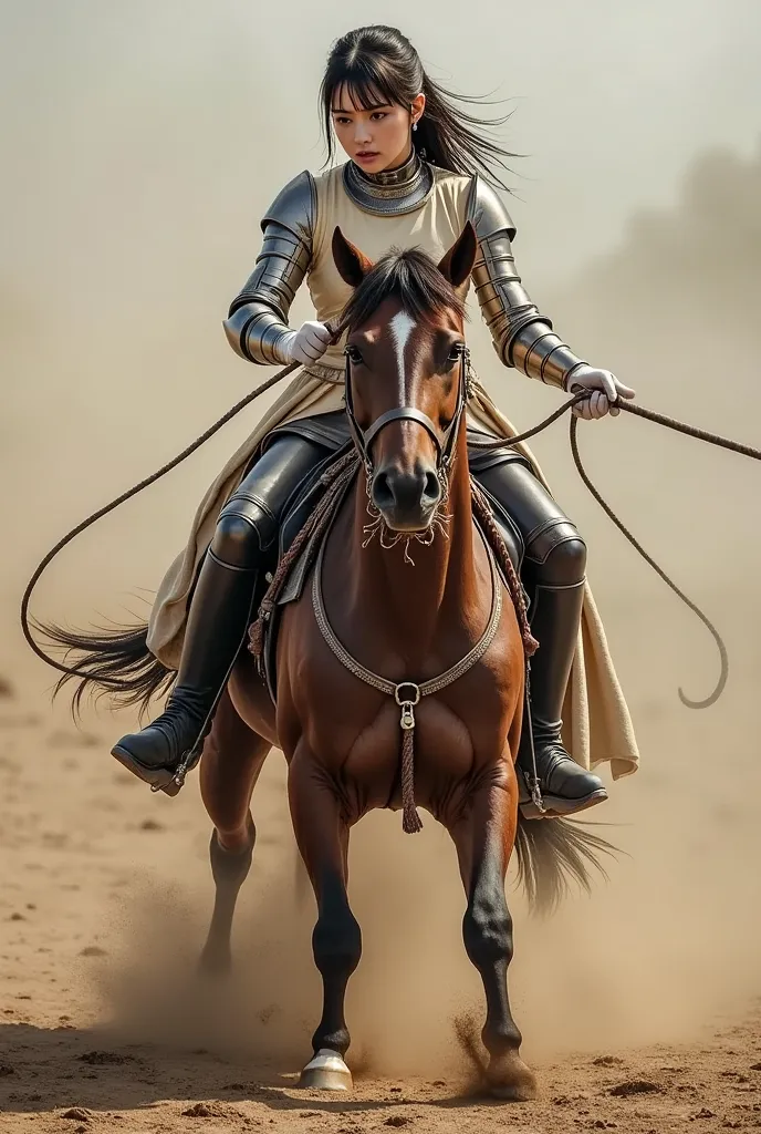 A punishing female knight's horse faints and falls over, and the female knight's horse's body fits on soft ground,Soft ground collapses,A woman's horse falls and falls sideways,White sweat on the horse's body,the woman turns back and urges the horse's back...