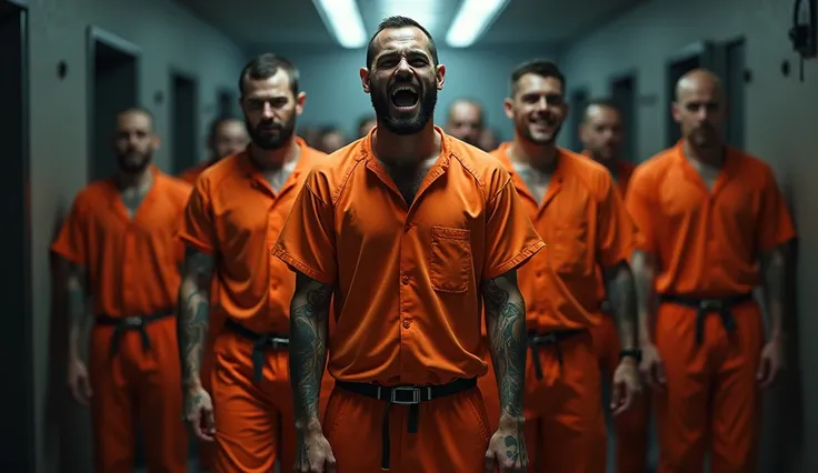 image ** outfit** of a group of  **full-body prisoners**, standing in a row, Looking Forward. They use **orange prison costumes worn**, WITH **realistic textures, wrinkles and dirt spots**. their cuerpos son **muscular and rough**, WITH **tatuajes, scars a...