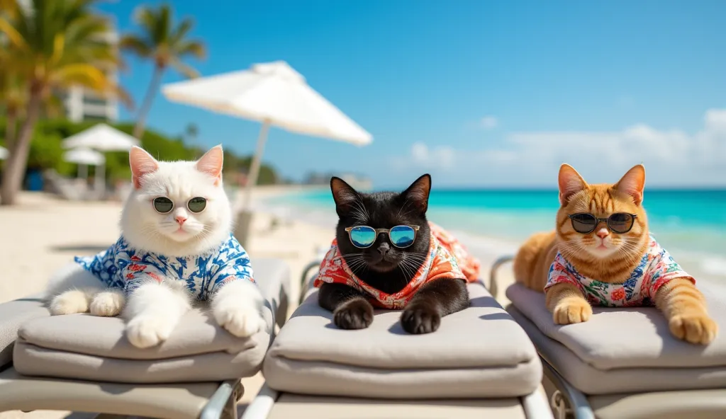 Three ultra-realistic cats, one white, one black and one orange, all three cats are wearing sunglasses and all three cats are dressed in beach shirts, The cats relax on sun loungers on a paradisiacal beach in Miami.