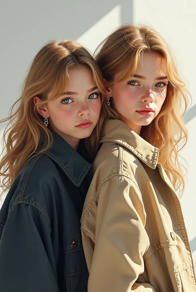  Deux jeune filles de 16 ans jumelle blonde primtemps réaliste s’enlacent realiste dans un style de peinture à l'aquarelle transparent, Eyes safe and   se concentrered .realiste ,faire preuve de prudence、 dangereux: 。Ses mouvements sont agiles、   se concen...