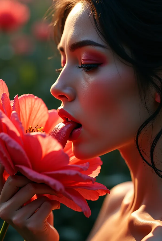 a sexy woman licking a flower, very lustful, very realistic, lustful background