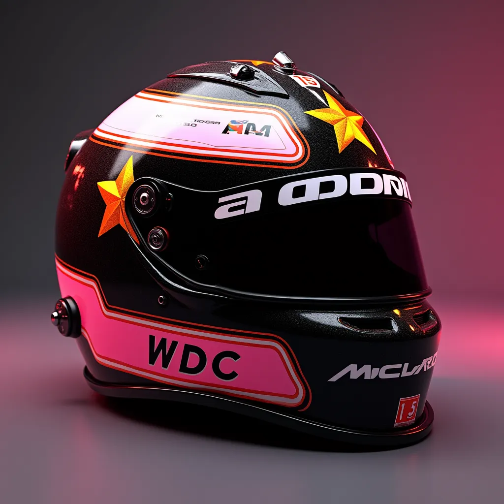 F1 driver Helmet in black with pink and orange details. One golden star because I won the WDC (World drivers championship) 2024. The star is shiny. My initials KR (Kailee Ross). McLaren sign. Number 15. 
Realistic. 