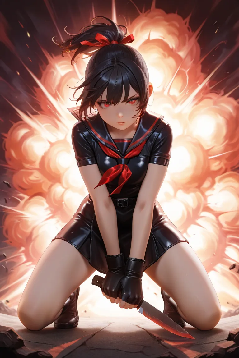 masterpiece, best quality, great quality,  front view, from below, 1 girl, Alone, short hair,   black hair, red ribbon ponytail hair, red eyes, black and red sailor suit, Short sleeve, ( black fingerless leather gloves),  superhero landing pose, holding a ...