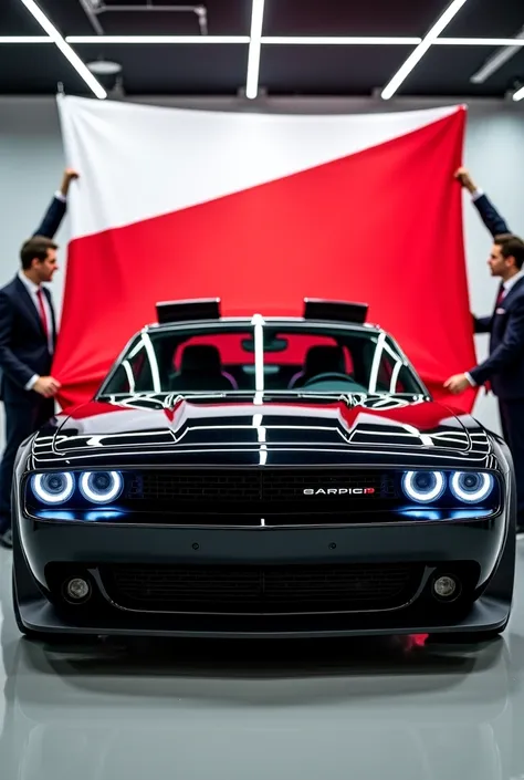  stunning reveal of a old plymouth road runner ] concept car in a modern showroom. The car is painted in a striking dual-tone black color finish with bold, angular headlights and a futuristic grille design. The car is partially covered with red and white f...