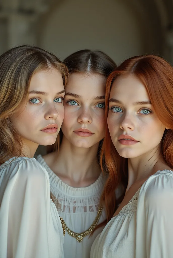  An image of beautiful triplets with white skin , aquamarine eyes.  That one has ash blond hair ,  another red hair and one has light brown hair . Let the background be in a castleLet it be a realistic photo.