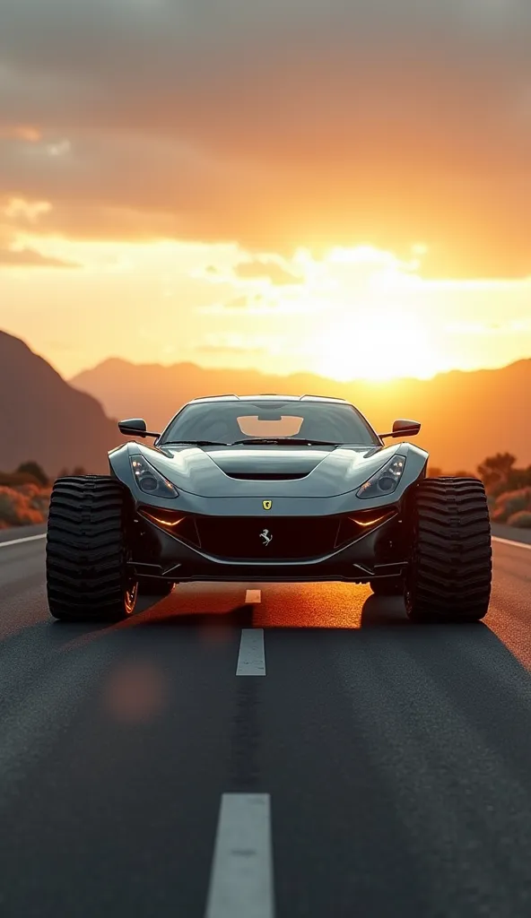 "A futuristic hybrid vehicle combining the raw power of a bulldozer with the sleek speed of a Ferrari stands on an empty highway at sunrise. The front retains the aggressive curves and headlights of a Ferrari, but with reinforced metal plating and a low, a...