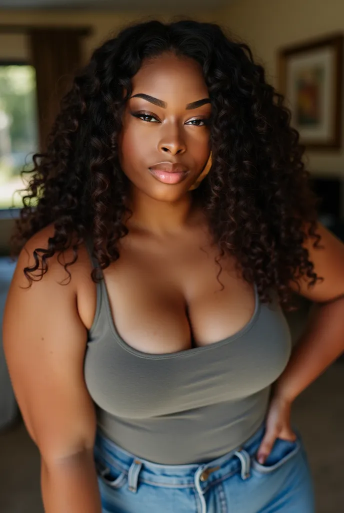 Chubby black brasilian long curly woman hairy armpit with gray tank top taking selfie from above putting your hand on your waist  close up at home  in the afternoon 