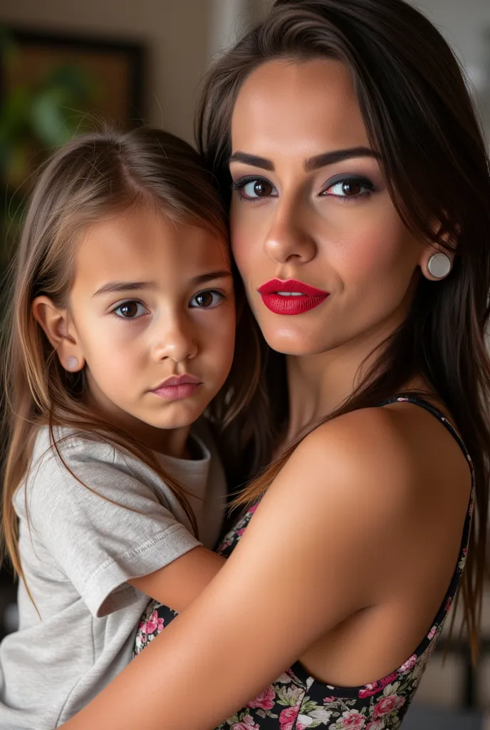 A beautiful mother of Scandinavian origin carrying her daughter of age 4. Both wearing red hot lipstick. Both staring at the camera. 8K resolution and quality.