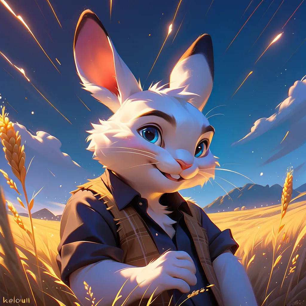 a fantastic white rabbit with blue eyes, with a sweet expression, he is lying on the country wheat field near a farm, while a golden sunset over the flowers hill during a dark thunderstorm