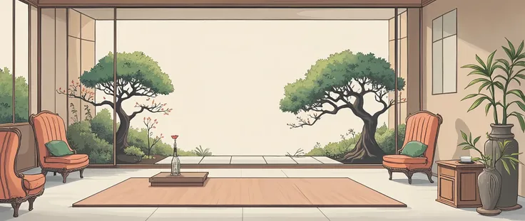 illustration in soft colors predominating , minimalism of a Japanese style living room with window to see the minimalist Japanese garden with bonsai trees, the stage evokes energy and elegance