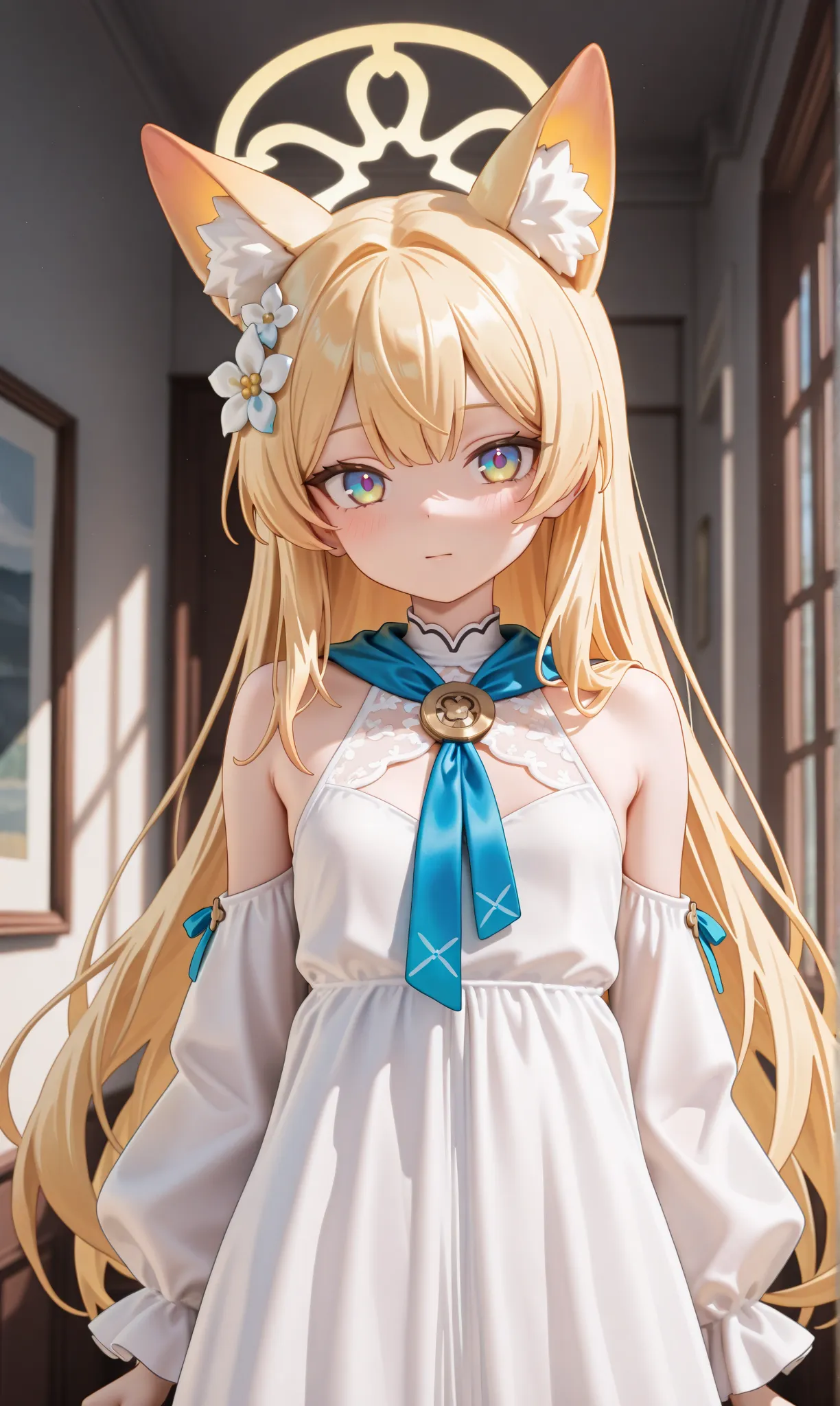 1 , (blue file:1.1), 
Until, 
Animal Ear, Alone, blond hair, halo,  long hair, looking at the viewer, Fox Ears, animal ear plush,  dress, gravata, white  dress,  detailed,  mouth shut, hair ornament, yellow halo, upper body, hair flower, yellow eyes, Blue ...