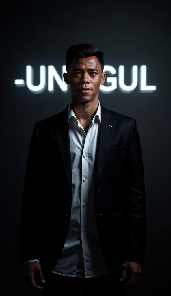 Create a highly realistic portrait of a 40-year-old indonesian man named ((-unggul-)   standing in a dark room. He is wearing a blackblazer and a white shirt.

The lighting should be dramatic, focusing on his handsome face with a light stubble, giving him ...