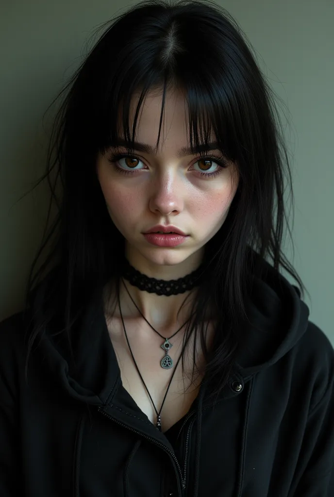 Style: photorealistic 

Age**: .  
- **Face Shape**: Oval with a slightly gaunt, haunted look, reflecting her inner turmoil and lack of sleep.  
- **Eyes**: Large, expressive, and almond-shaped,minimal goth makeup, Her natural eye color is a deep brown.

-...