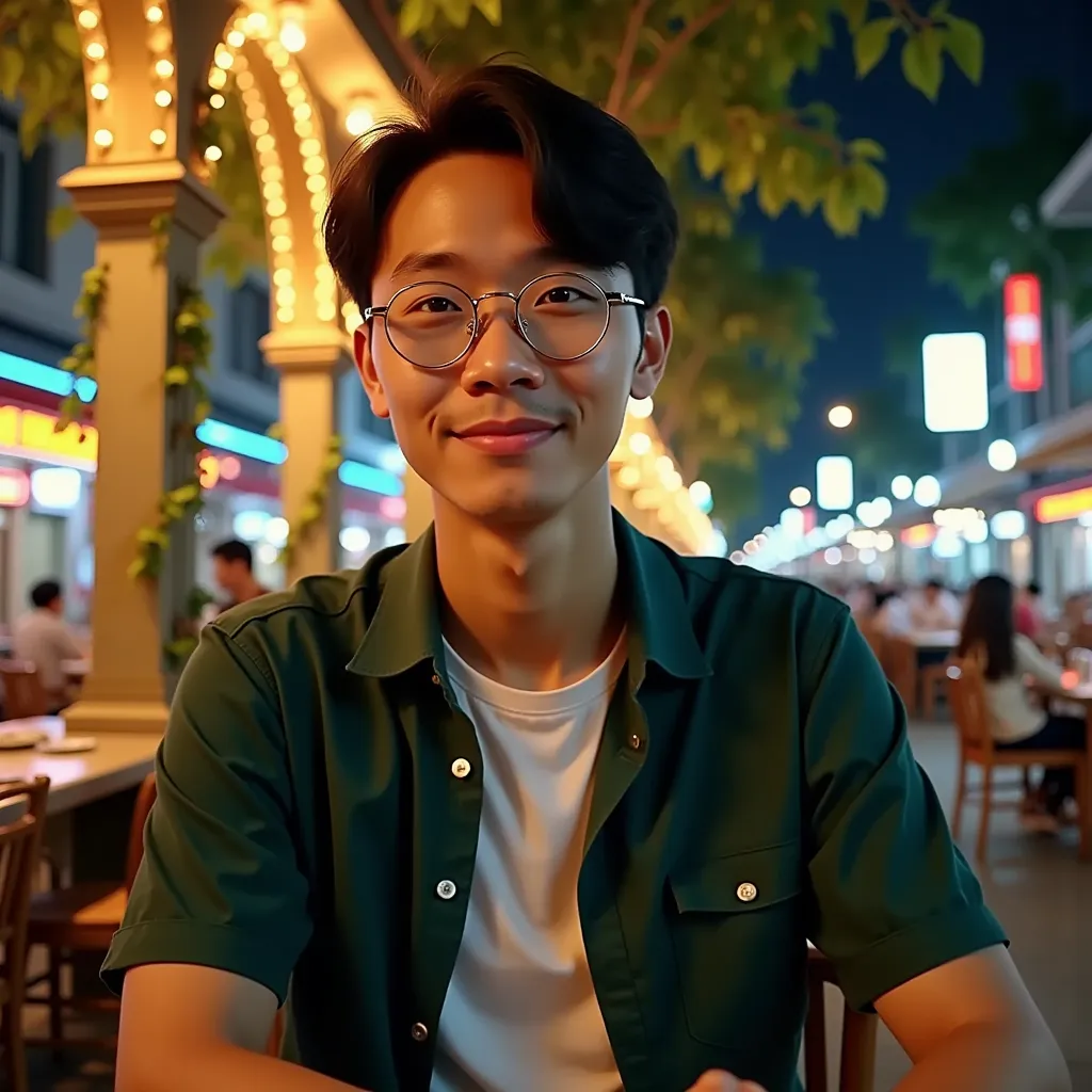 A realistic photo shot on an iPhone, a indonesian (Southeast Asian) man with short, neatly parted black hair and round korean metal-framed glasses sits casually at an outdoor restaurant at night, wearing a dark green short-sleeved button-up shirt over a pl...