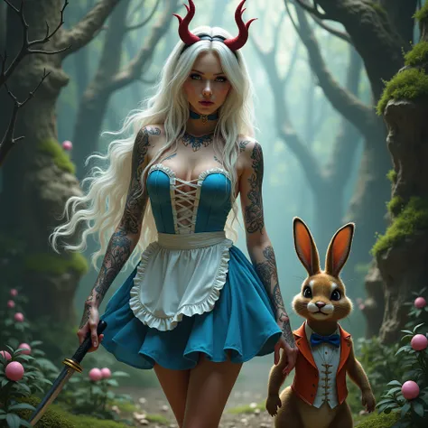 
Sexy tattoed Alice in Wonderland, long white hair and red horns, with erotic short blue dress and a white apron, holding dagger,  Easter bunny with vest 