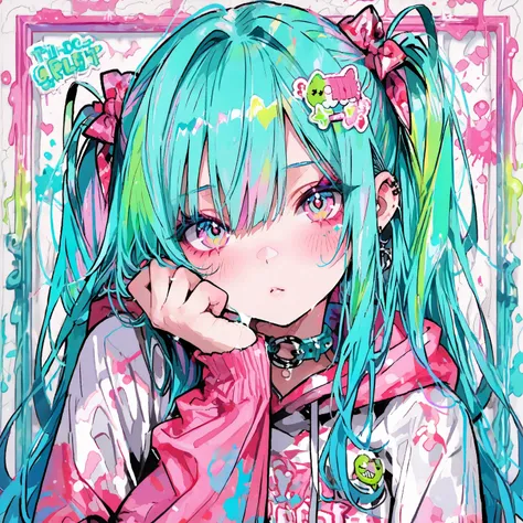 kawaii,sticker,masterpiece,best quality,Unleash a torrent of colors onto the canvas, with wild brushwork, splatters, and drips that intertwine in a frenzy of chaotic color chaos:1.4,Electric Lime color,Luminous Aqua color,Turbo Pink color,Rave Turquoise co...