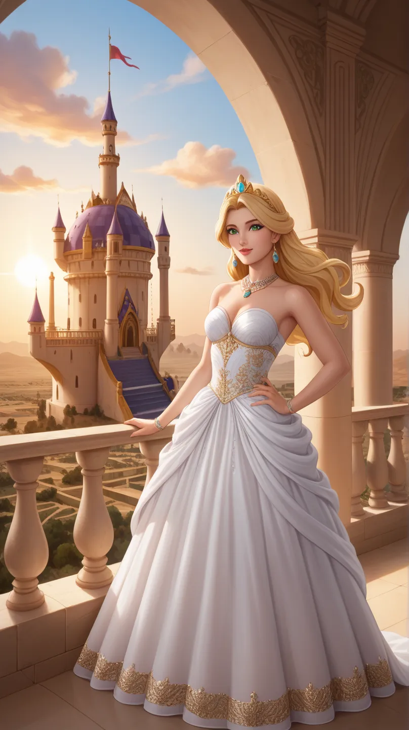 Create a breathtaking digital illustration in 4K resolution, capturing every intricate detail with ultra-realistic precision. The scene is set on the balcony of an ancient Arabian castle, bathed in the warm, golden light of a setting sun. The princess, a s...