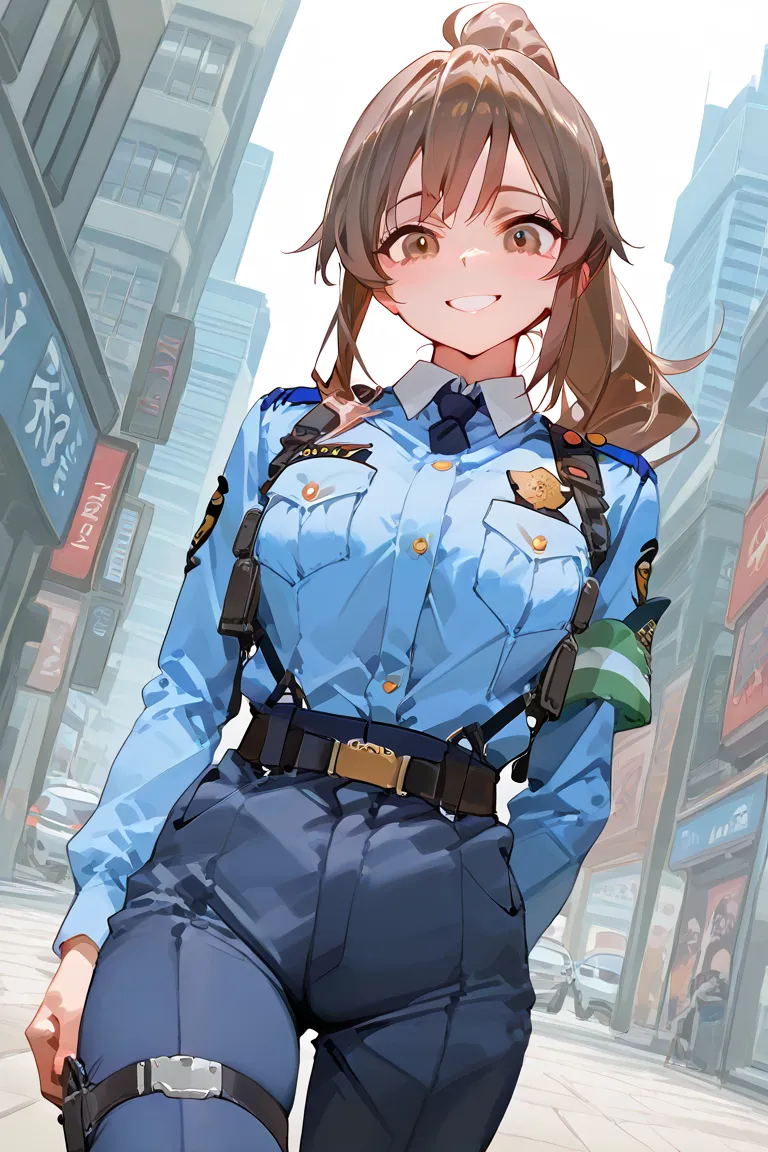 score_9, score_8_up, score_7_up, source_anime, highest quality, solo, clear face, middle chest, perfect appearance, viewer view, standing, dynamic angle, high leg strap, Korean police clothes, brown ponytail long hair, smiling expression, brown eyes, city ...