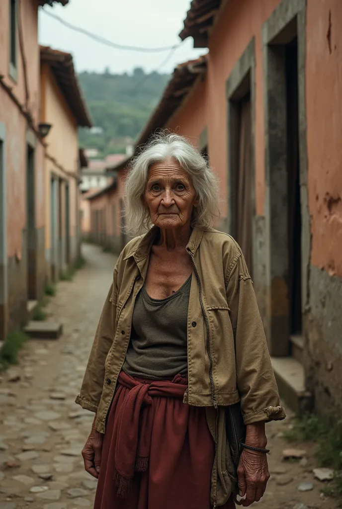 Woman living in Rua Velha , Wrinkled,  with torn clothes, Dirty clay and torn clothes, Realistic image