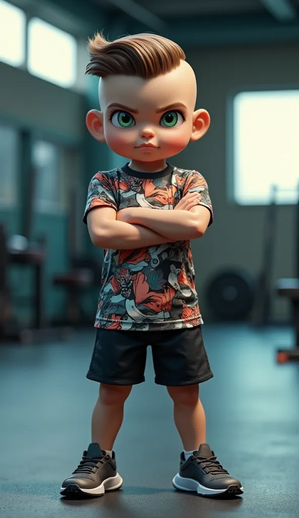 A hyper-realistic 4K digital image of a strong and confident Galician baby with one eye light green and the other blue, standing in a modern gym environment. The baby has a sharp, well-groomed haircut, enhancing their bold and stylish look. They wear a tre...