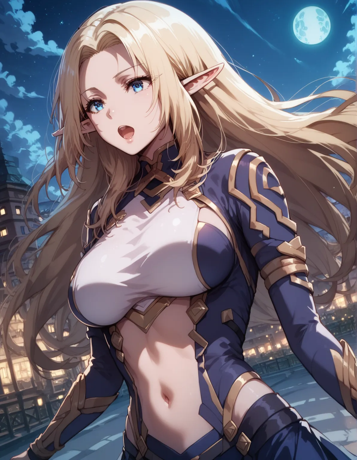 TheAlpha, 1 Girl, alone,  long hair, breast, look at the audience,  bangs, blue eyes, blond, large breast,  long sleeve, skirt, Rift, medium breast,  open mouth , upper body,  outdoors, Sky, Pointed ears, parted  bangs, Costume Silhouettes , Covering the n...