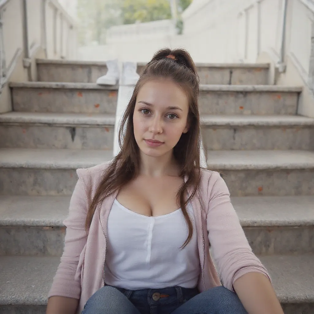 woman sitting on stairs. Hat ein rosanes shirt an.a pair of jeans and sneakers . , 