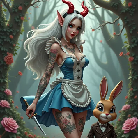 
Sexy tattoed Alice in Wonderland, long white hair and red horns, with erotic short blue dress and a white apron, holding dagger,  Easter bunny with vest 