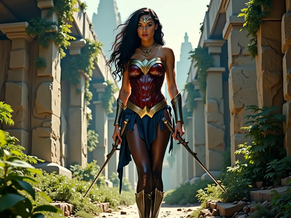 Beautiful woman like Gal Gadot with sheer black pantyhose on her long legs looking like wonder woman in her armor and boots, wearing one sword and golden necklace, inside ancient temple ruins