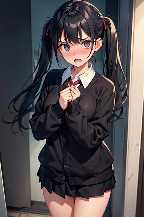 (standing:1.3), ,, black hair, , twintails,,bluish eye(,,,,,,,,,)、(,,,,,,,,,)、(School)、(outside:1.3), ,based on anthropology、、detailed eyes、(black cardigan)、(long sleeve), School uniforms、black shirt, black skirt, red ribbon (,,,,,,,,,)(open mouth), (frown...