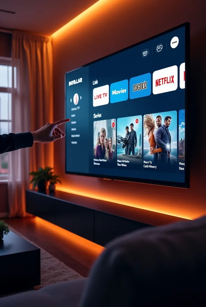 A large flat-screen television mounted on the wall of a modern living room, displaying the interface of a streaming app called "BOB PLAYER." The screen features large, clear icons for "LIVE TV," "MOVIES," and "SERIES," with thumbnails for various films and...