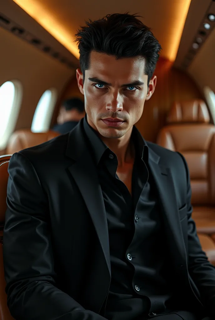 white-eyed blue-eyed man with short black hair without a beard with a mysterious appearance and an athletic fit wearing a black suit, black blouse and black tie inside a jet in shades of brown