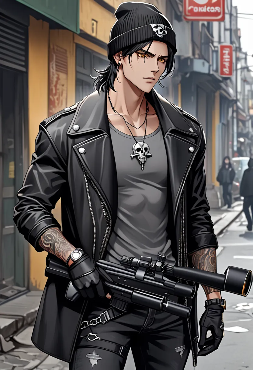 Handsome guy, black hair loose on the shoulders, dull amber yellow eyes, a mole under the left eye, expressionless face, athletic body, black beanie, black leather gloves, black leather coat, fitted gray long-sleeve blouse, black skinny jeans, black combat...