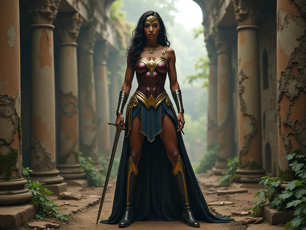 Beautiful woman like Gal Gadot with 30 Denier black pantyhose on her long legs looking like wonder woman in her armor and boots, wearing one sword and golden necklace, inside ancient temple ruins