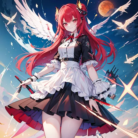 Knife that shines like a mirror in her left hand、 revolver in right hand、Full Body Image、Cool and cute girl character with a Haffner motif、Alone, Stylish game stand-up style animation style illustration、 fiery red hair 、Austrian ethnic costume with white a...