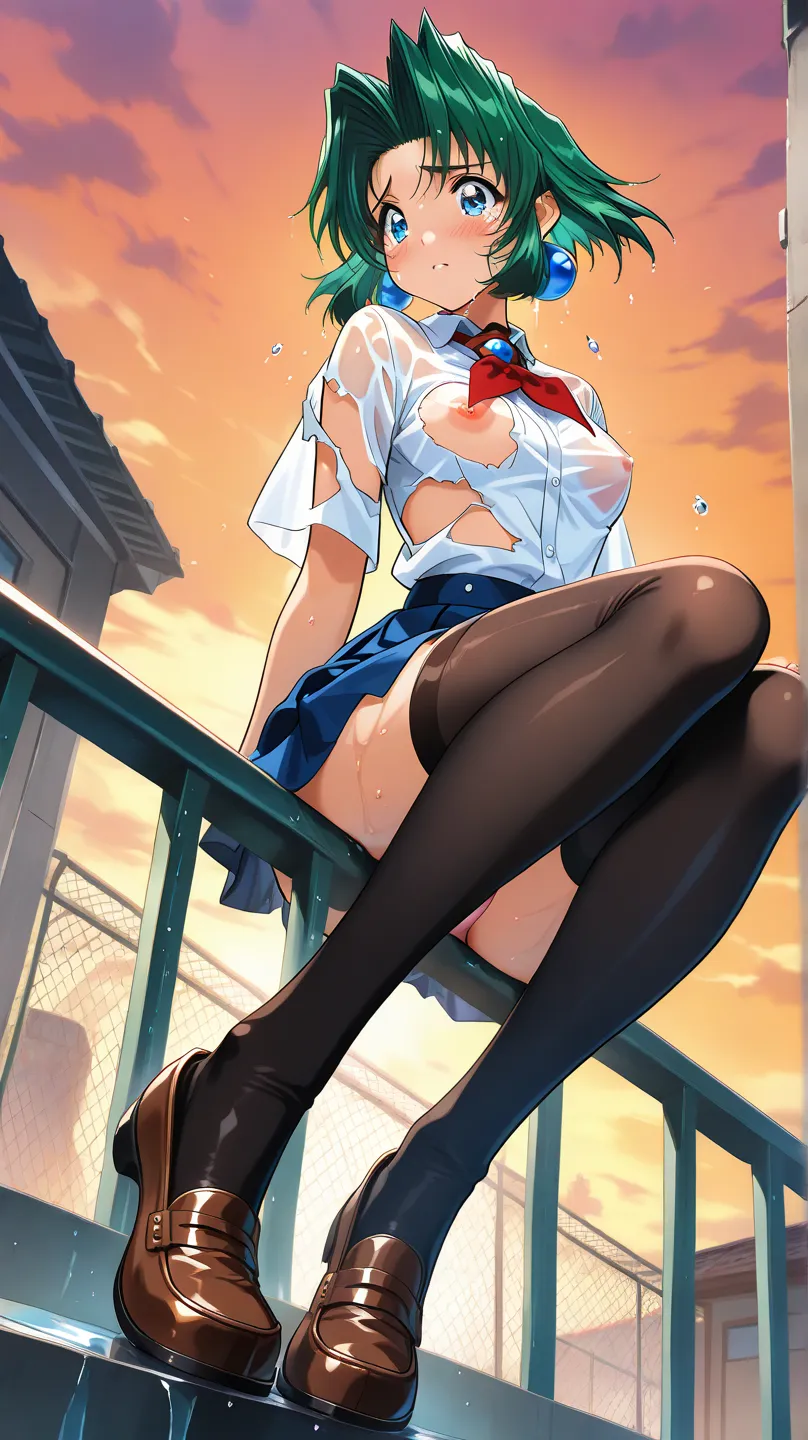 (masterpiece, best quality:1.2),(Ultra High Resolution),( super precise face),(wet and transparent clothes 1:1.8)(torn clothes 1 :2)(Small Breasts 1:1)1 girl,Alone,toshinden_Ellis,bust up,Get on both knees, open,view from below,white blouse,(blue miniskirt...