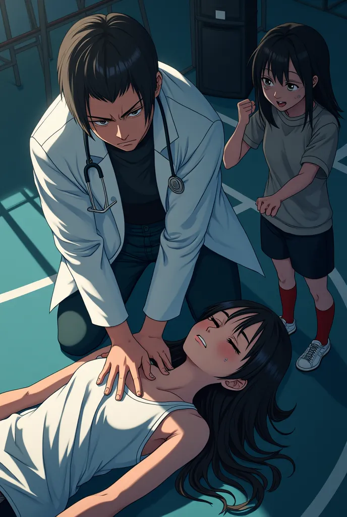 Create image of anime doctor performing CPR on girl, angry girl who closes her eyes wearing sportswear, panic,difficulty breathing and sweating, di gym ,  viewed from top left