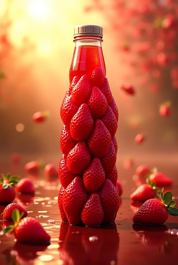 Create a high-end, ultra-realistic product manipulation design for a social media post. The main focus is a uniquely shaped strawberry juice bottle, constructed entirely from fresh, glossy red strawberries, fused together seamlessly to form a natural yet s...