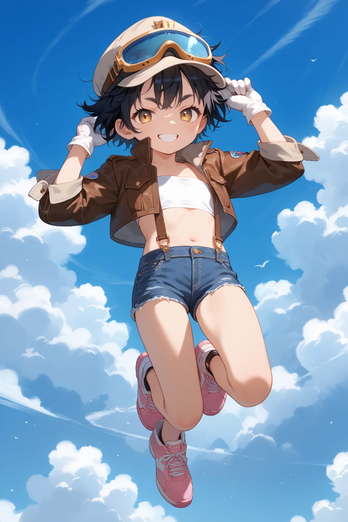 high quality,((megami magazine,anime style)),high resolution,khaki flight hat with goggles,messy hair,cool eyes, tsurime ,very short hair,black hair,gold eyes,bushy eyebrows,evil grin,white tube top,flat chest,brown leather gloves,Thumbtuck Glove ,suspende...