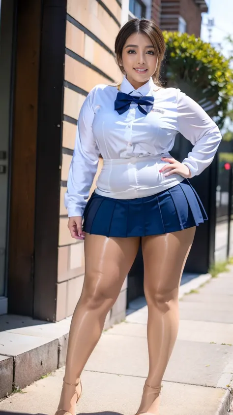 ( a RAW photo of Tween from the front.), (8k), (highest quality: 1.5), (Realistic: 1.1), Ultra-high resolution, Very detailed, Golden Ratio, (voluptuous curvy petite school girl),  F-cup busty, (Full body shooting), She has a super cute gal face., Smiling ...