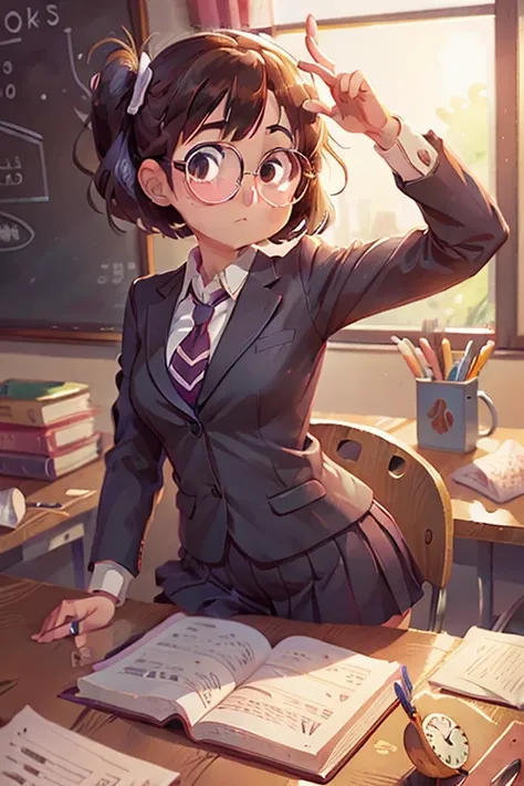 anime girl with glasses and tie sitting at the table, cute teacher, 40 years old,  full-length 3D image, 1pc,  good eyes watch , big eyes,  happy, at school, talk and gesture, dynamics,  movement