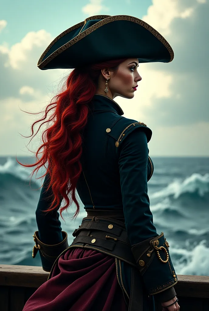 Capitaine pirate femme de dos grand chapeau cheveux rouge et noir