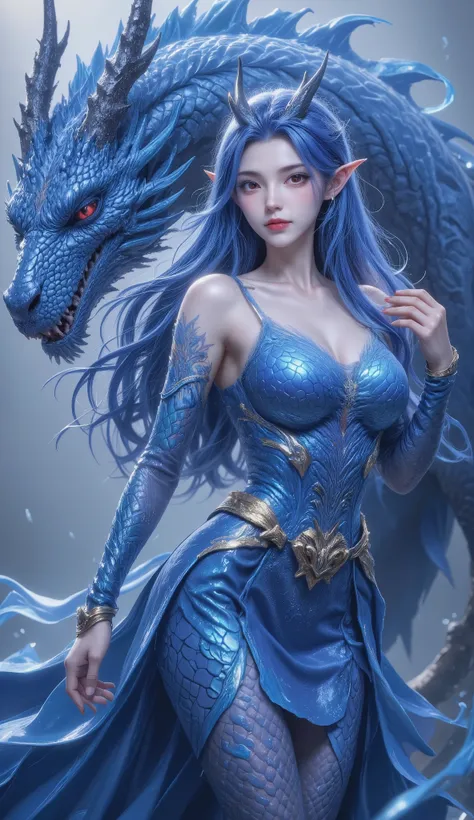 No visible text or other elements in the image,She has a long , with flowing blue hair and pointed ears, like an elf or magical creature. She is adorned in a form-fitting blue skirt with intricate patterns and textures that give the appearance of scales, i...